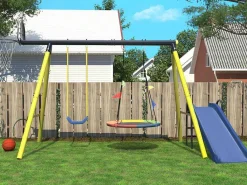 Buitenspellen Metalen Frame - 2 In Hoogte Verstelbare Schommels, Basketbalring En Glijbaan - Geschikt Voor Kinderen Vanaf 3 Jaar - Geel-ModernLuxe Hot