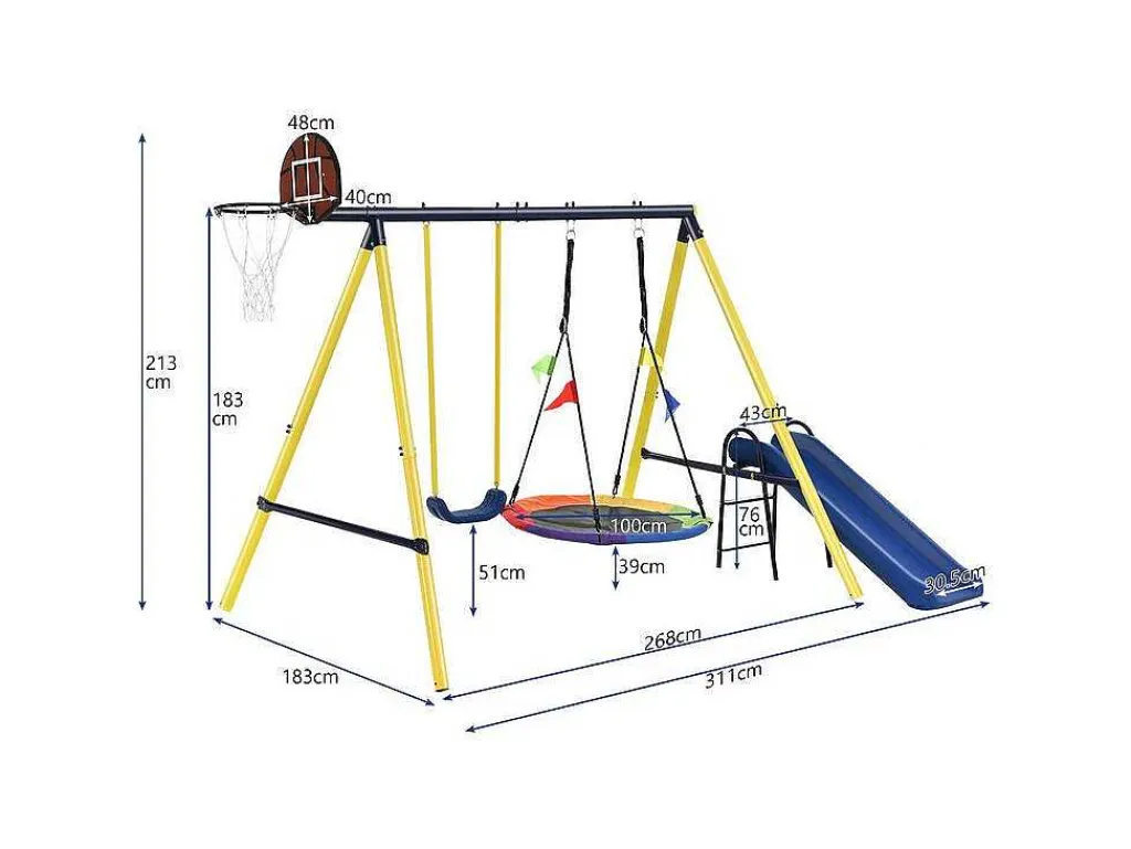 Buitenspellen Metalen Frame - 2 In Hoogte Verstelbare Schommels, Basketbalring En Glijbaan - Geschikt Voor Kinderen Vanaf 3 Jaar - Geel-ModernLuxe Hot
