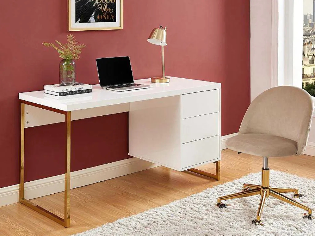 Bureau Met 3 Lades - Gelakt Mdf En Metaal - Wit En Goudkleurig - Timfia Van-PASCAL MORABITO Best
