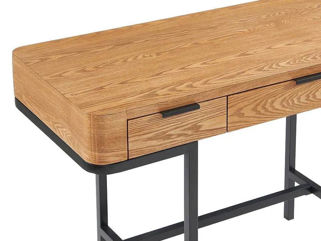 Bureau Met 3 Lades - Mdf En Metaal - Naturel En Goudkleurig - Lisela-Vente-unique Outlet