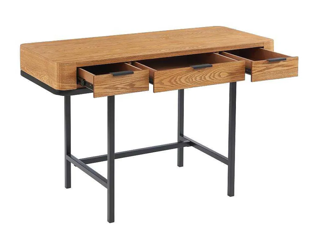 Bureau Met 3 Lades - Mdf En Metaal - Naturel En Goudkleurig - Lisela-Vente-unique Outlet