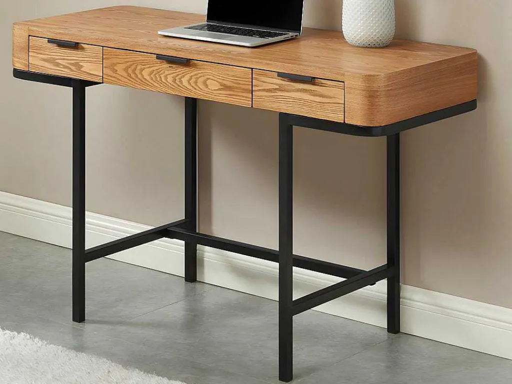 Bureau Met 3 Lades - Mdf En Metaal - Naturel En Goudkleurig - Lisela-Vente-unique Outlet