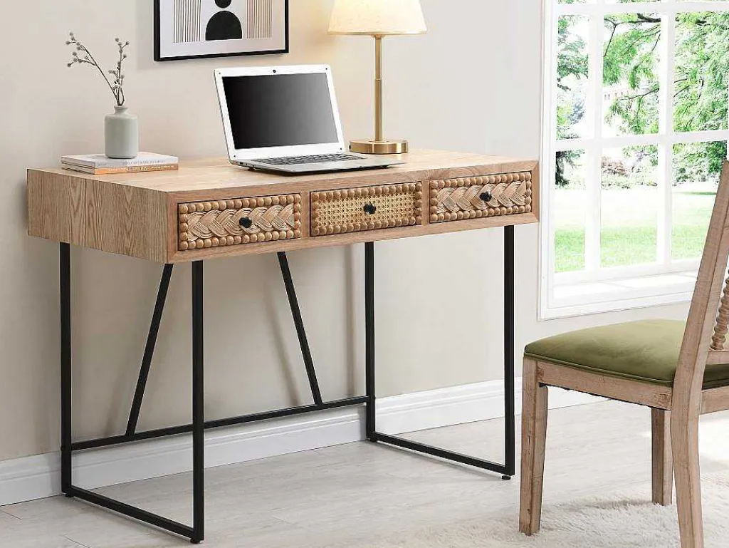 Bureau Met 3 Lades - Mdf En Metaal - Kleuren: Naturel En Zwart - Akivi-Vente-unique Discount
