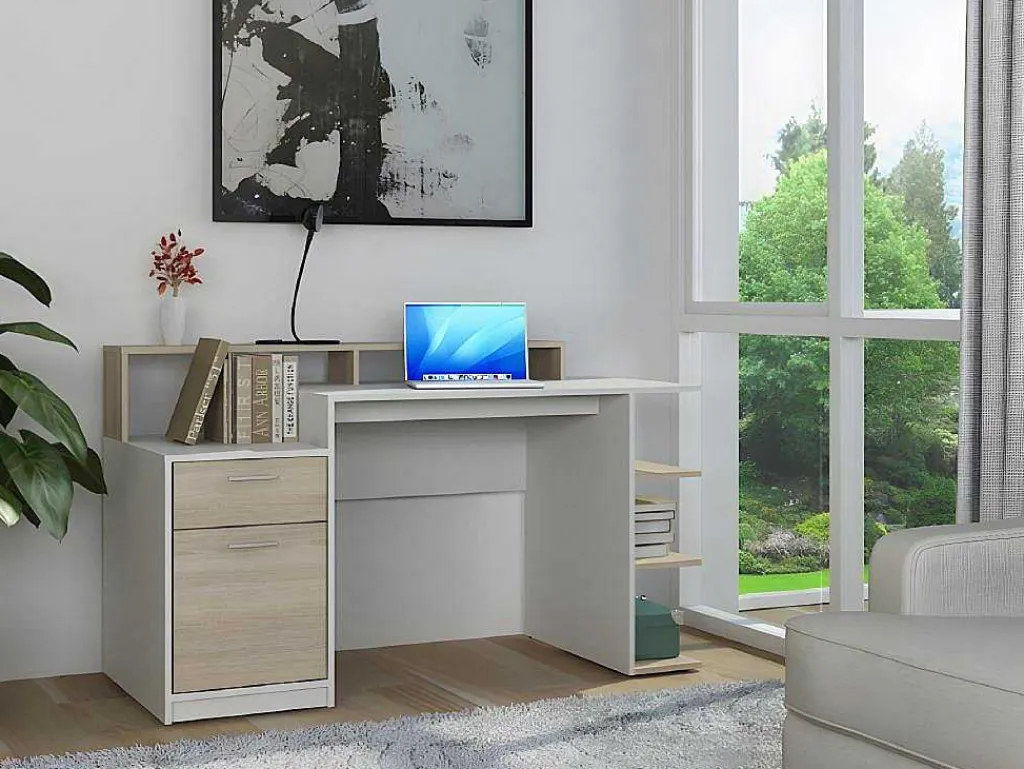 Bureau Met Opbergruimte Zacharie - Wit En Eik-Vente-unique Sale