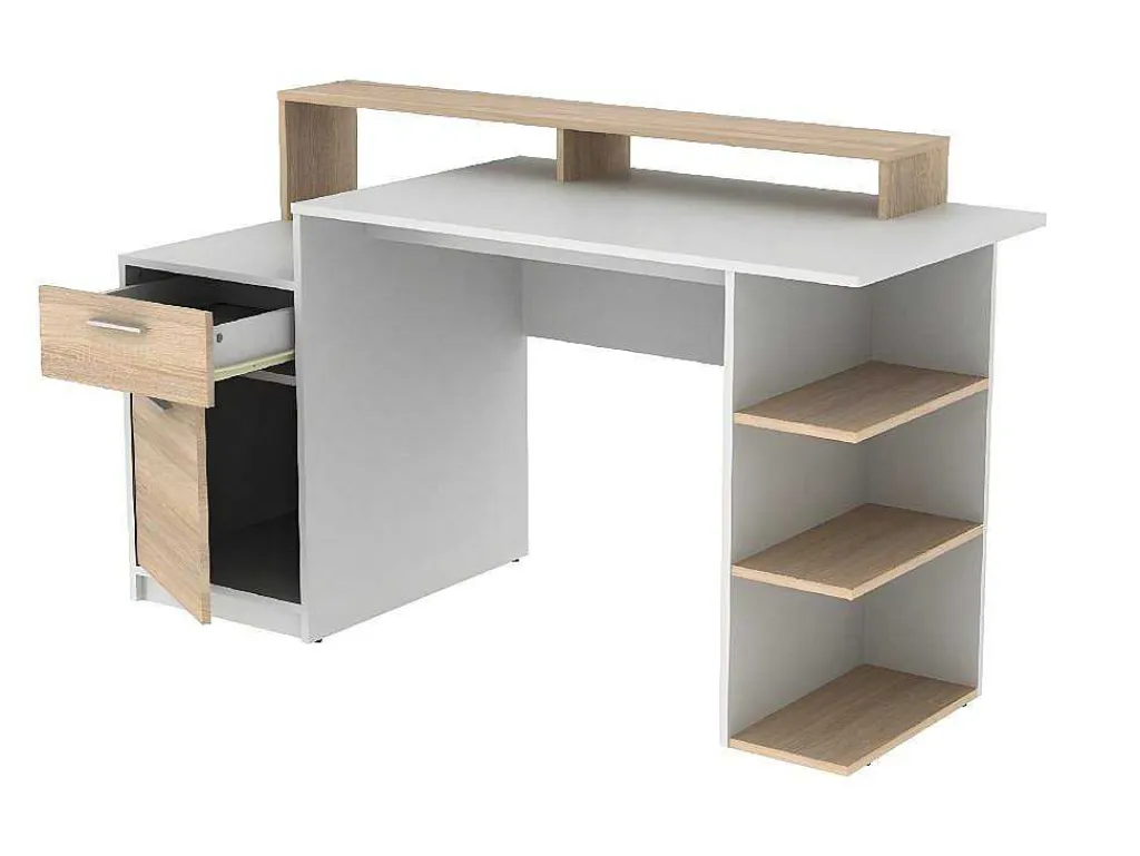 Bureau Met Opbergruimte Zacharie - Wit En Eik-Vente-unique Sale