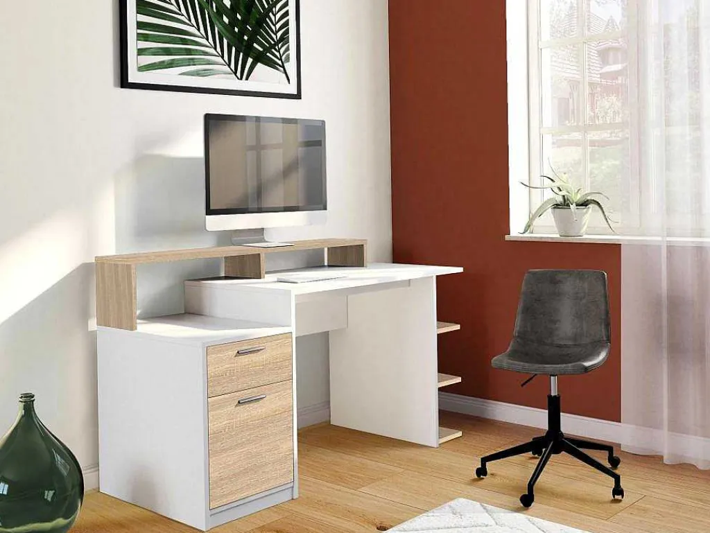 Bureau Met Opbergruimte Zacharie - Wit En Eik-Vente-unique Sale