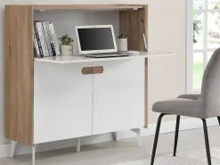 Bureaukast Met 3 Deuren - Mdf En Metaal - Naturel En Wit - Derelis-Vente-unique