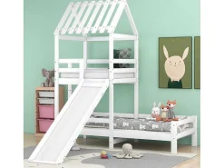 Cabine Stapelbed Met Glijbaan - 90X200Cm + 90X100Cm - Massief Grenen - Wit-ModernLuxe Clearance