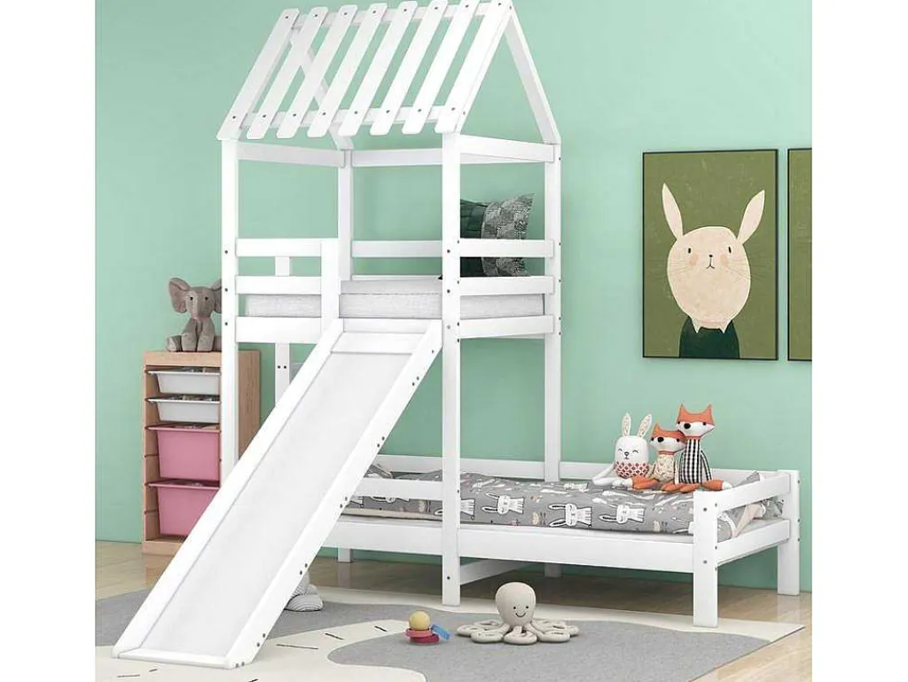 Cabine Stapelbed Met Glijbaan - 90X200Cm + 90X100Cm - Massief Grenen - Wit-ModernLuxe Clearance
