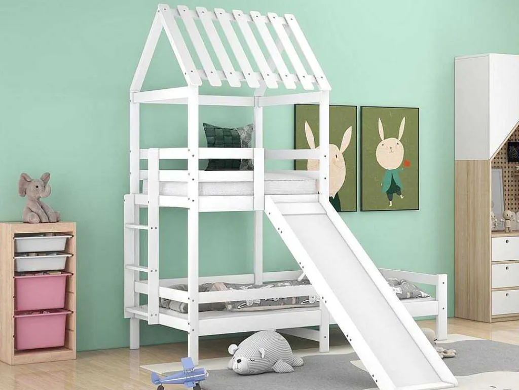 Cabine Stapelbed Met Glijbaan - 90X200Cm + 90X100Cm - Massief Grenen - Wit-ModernLuxe Clearance