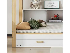 Cabinebed 90X200Cm Met Uitschuifbaar Onderschuifbed 90X190Cm - 4 Planken Op Bed - Structuur Massief Grenen - Wit-ModernLuxe Outlet