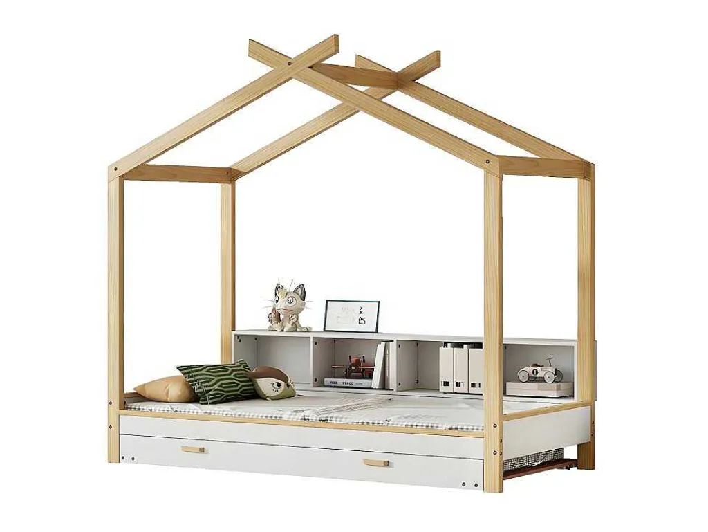 Cabinebed 90X200Cm Met Uitschuifbaar Onderschuifbed 90X190Cm - 4 Planken Op Bed - Structuur Massief Grenen - Wit-ModernLuxe Outlet