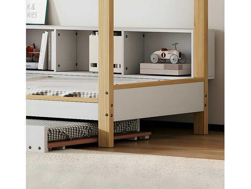 Cabinebed 90X200Cm Met Uitschuifbaar Onderschuifbed 90X190Cm - 4 Planken Op Bed - Structuur Massief Grenen - Wit-ModernLuxe Outlet