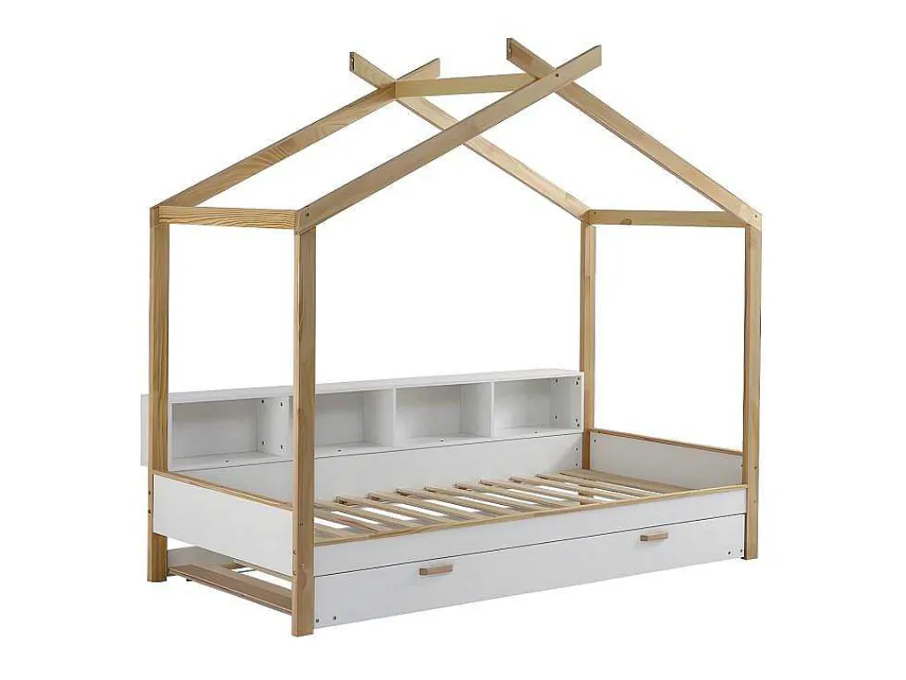 Cabinebed 90X200Cm Met Uitschuifbaar Onderschuifbed 90X190Cm - 4 Planken Op Bed - Structuur Massief Grenen - Wit-ModernLuxe Outlet