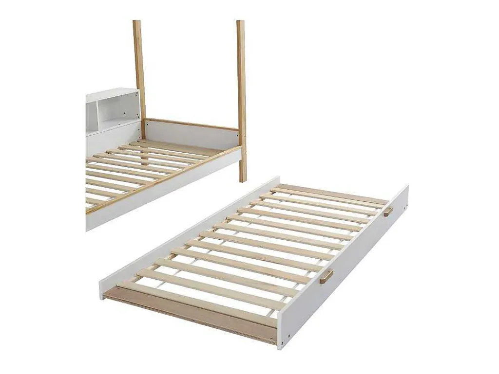 Cabinebed 90X200Cm Met Uitschuifbaar Onderschuifbed 90X190Cm - 4 Planken Op Bed - Structuur Massief Grenen - Wit-ModernLuxe Outlet