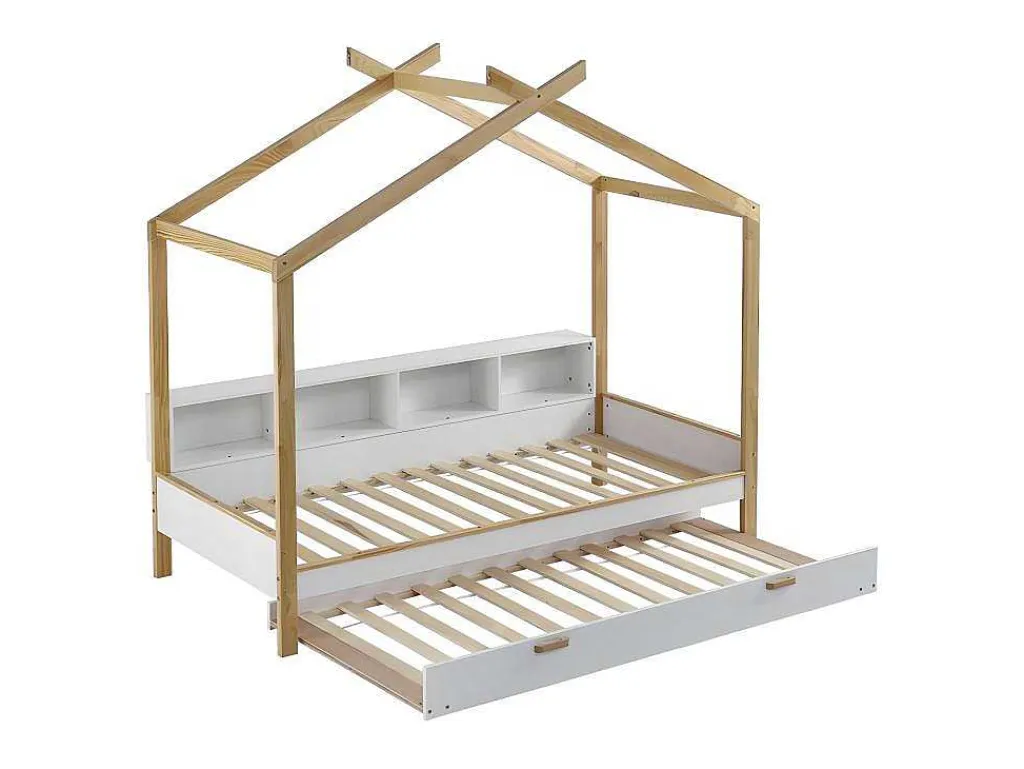 Cabinebed 90X200Cm Met Uitschuifbaar Onderschuifbed 90X190Cm - 4 Planken Op Bed - Structuur Massief Grenen - Wit-ModernLuxe Outlet