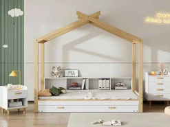 Cabinebed 90X200Cm Met Uitschuifbaar Onderschuifbed 90X190Cm - 4 Planken Op Bed - Structuur Massief Grenen - Wit-ModernLuxe Outlet