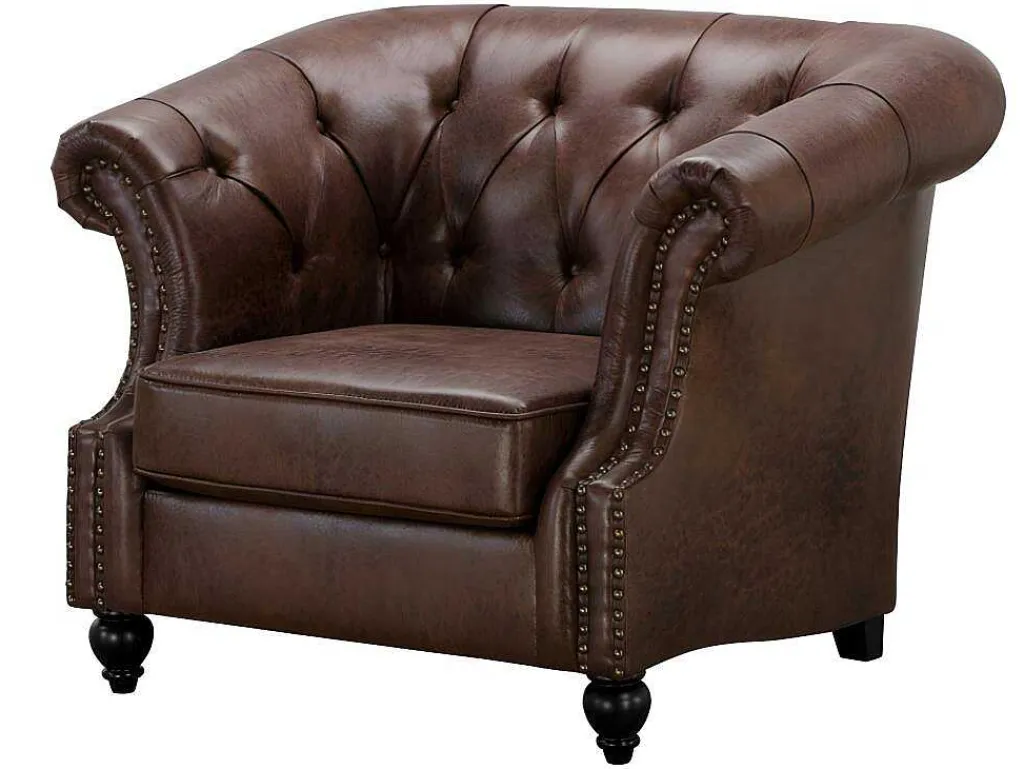 Chesterfield Fauteuil Aquitaine Van Microvezel Effect Lived-In Leer - Bruin-Vente-unique Hot