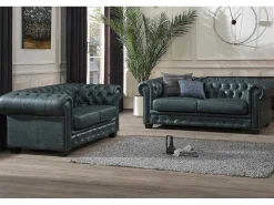 Chesterfield Zitbank 3 + 2 Plaatsen Brenton 100% Buffelleer - Spaans Groen-LINEA SOFA Clearance