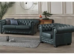 Chesterfield Zitbank 3 + 1 Plaatsen Brenton 100% Buffelleer - Spaans Groen-LINEA SOFA Outlet