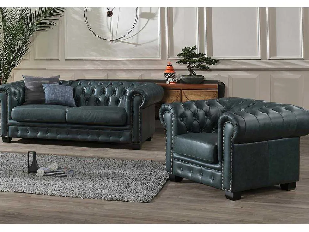 Chesterfield Zitbank 3 + 1 Plaatsen Brenton 100% Buffelleer - Spaans Groen-LINEA SOFA Outlet