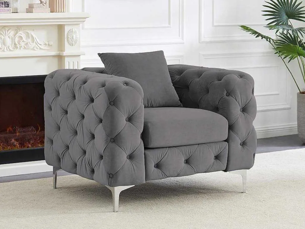 Chesterfield-Fauteuil Van Antracietgrijs Velours Edwina-Vente-unique Discount