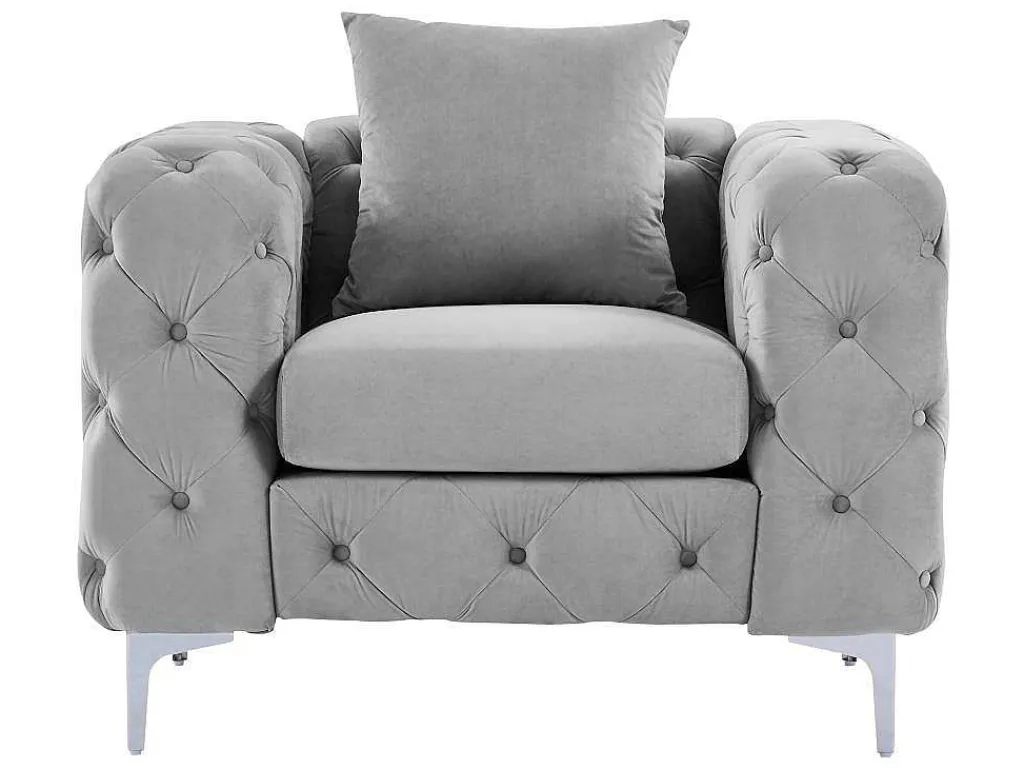 Chesterfield-Fauteuil Van Lichtgrijs Velours Edwina-Vente-unique New