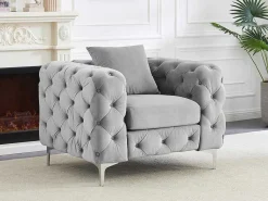 Chesterfield-Fauteuil Van Lichtgrijs Velours Edwina-Vente-unique New