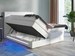 Complete Boxspring Met Hoofdeinde Met Leds, Bedbodem Met Opbergruimte, Matras En Dekmatras - Wit - Kunstleer - 160 X 200 Cm - Keros Van-DREAMEA Online