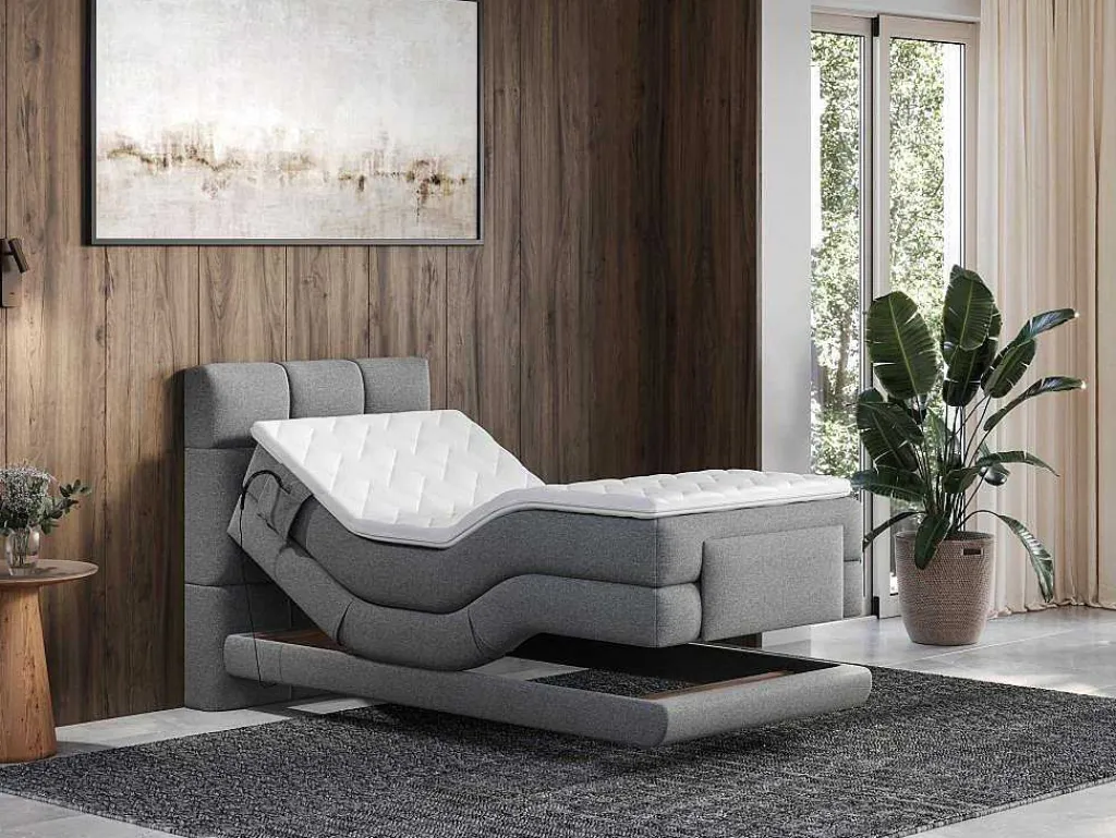 Complete Boxspringset Met Gestoffeerd Hoofdbord Met Elektrische Relaxbedbodems Met Matras Met Topmatras 100 X 200 Cm Stoffen Bekleding Lichtgrijs Lodi Van-Palacio Best