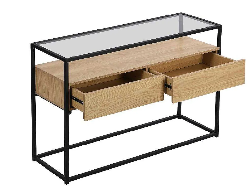 Consoletafel Met 2 Lades Van Mdf, Gehard Glas En Metaal - Licht Naturel - Camata-Vente-unique Sale