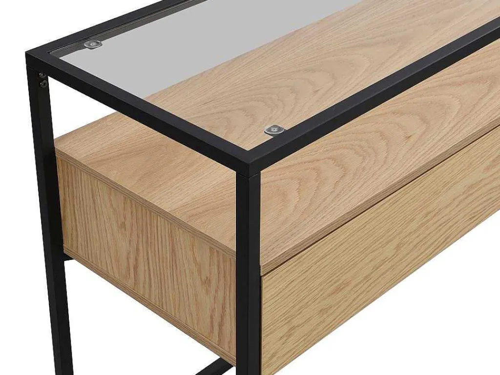 Consoletafel Met 2 Lades Van Mdf, Gehard Glas En Metaal - Licht Naturel - Camata-Vente-unique Sale