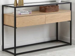 Consoletafel Met 2 Lades Van Mdf, Gehard Glas En Metaal - Licht Naturel - Camata-Vente-unique Sale