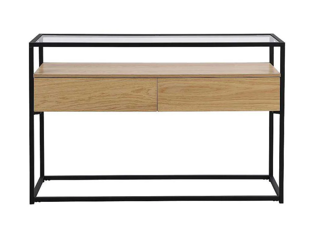 Consoletafel Met 2 Lades Van Mdf, Gehard Glas En Metaal - Licht Naturel - Camata-Vente-unique Sale