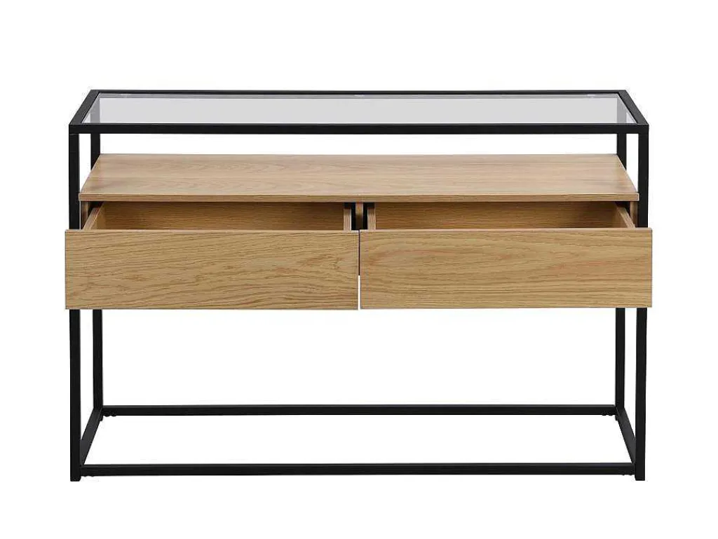 Consoletafel Met 2 Lades Van Mdf, Gehard Glas En Metaal - Licht Naturel - Camata-Vente-unique Sale