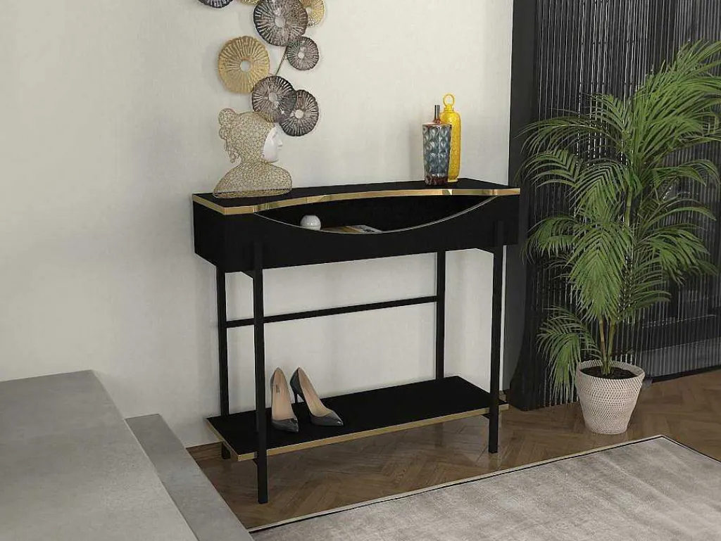 Consoletafel Met 1 Plank En 1 Nis - Zwart En Goudkleurig - Meriova-Vente-unique New