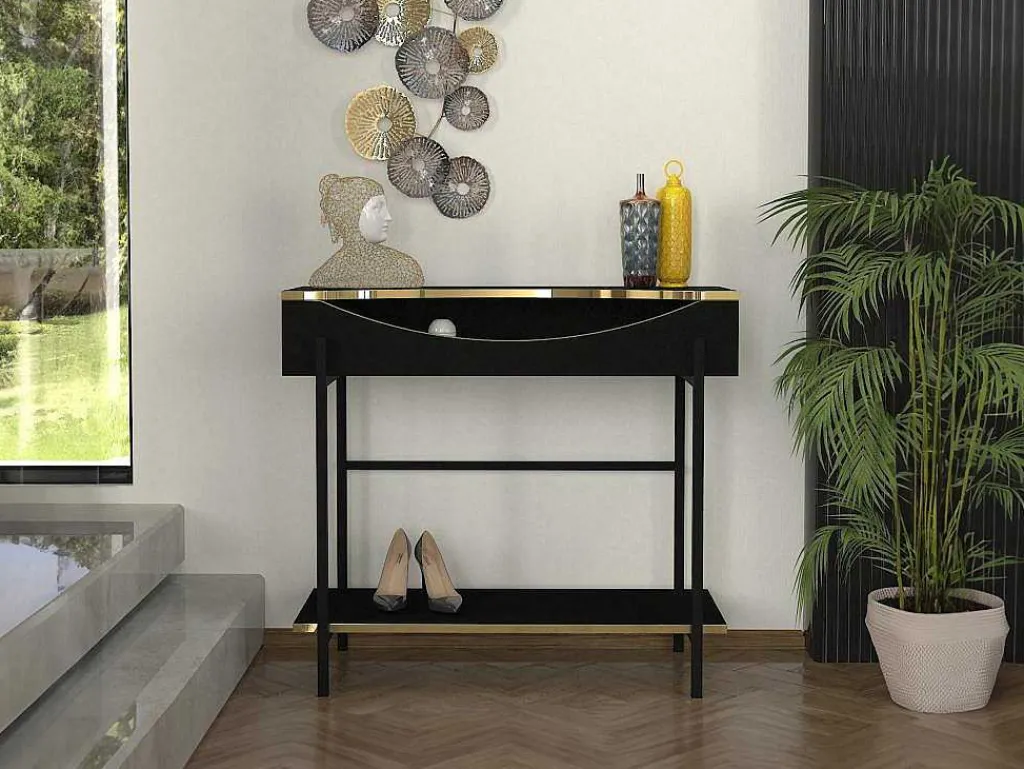 Consoletafel Met 1 Plank En 1 Nis - Zwart En Goudkleurig - Meriova-Vente-unique New