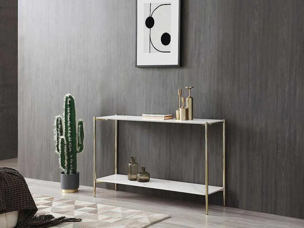 Consoletafel Met 1 Plank Van Keramiek En Metaal - Wit Marmereffect En Goud - Madola-Vente-unique