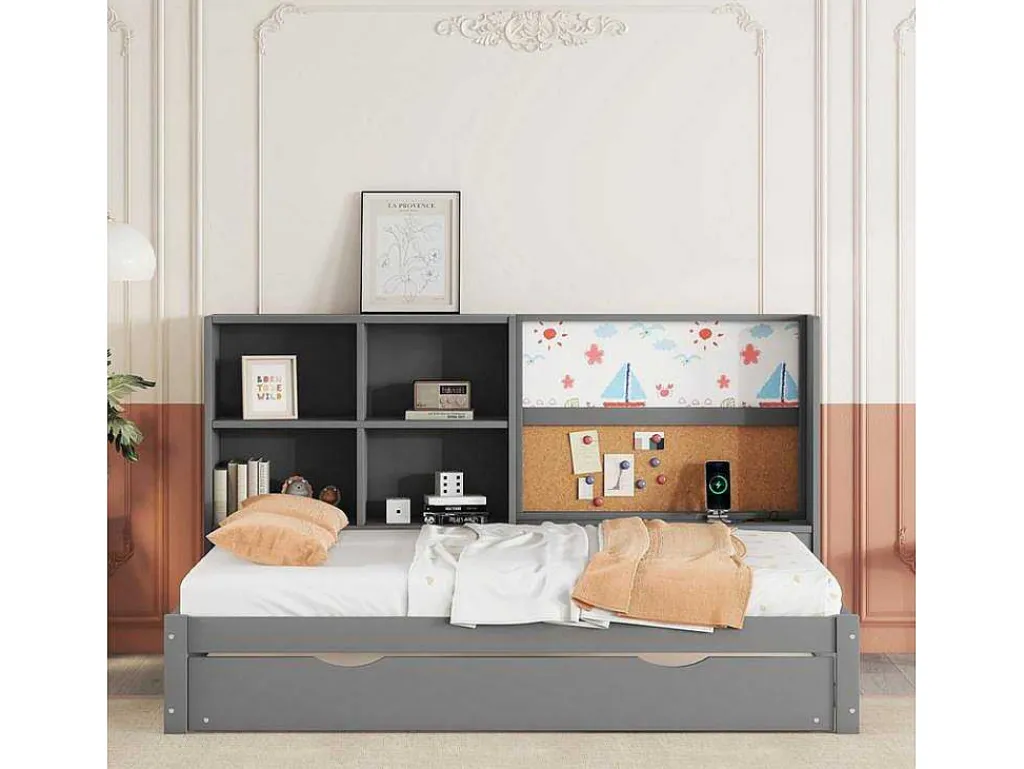 Dagbed Met Onderschuifbed - 90X200Cm - Met Tekentafel En Opbergvakken - Grijs-ModernLuxe Outlet