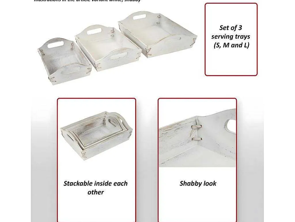 Dienblad Mcw-C50 Shabby Look (Set Van 3), Wit, Shabby-Vente-unique New