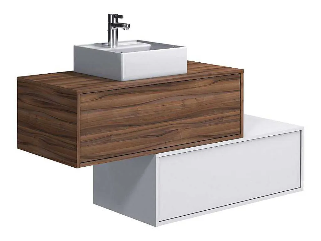 Donker Naturel En Wit Hangend Badkamermeubel Met Enkele Wastafel En Twee Lades - 94 Cm - Teana Ii-Vente-unique Outlet