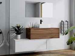 Donker Naturel En Wit Hangend Badkamermeubel Met Enkele Wastafel En Twee Lades - 94 Cm - Teana Ii-Vente-unique Outlet