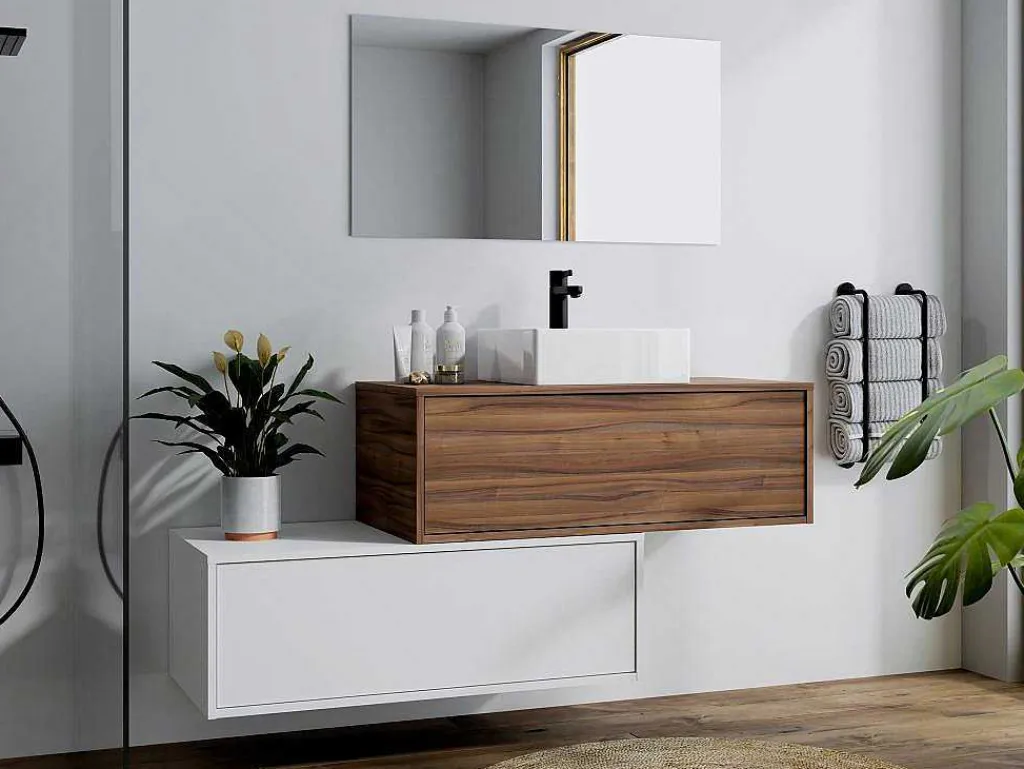 Donker Naturel En Wit Hangend Badkamermeubel Met Enkele Wastafel En Twee Lades - 94 Cm - Teana Ii-Vente-unique Outlet