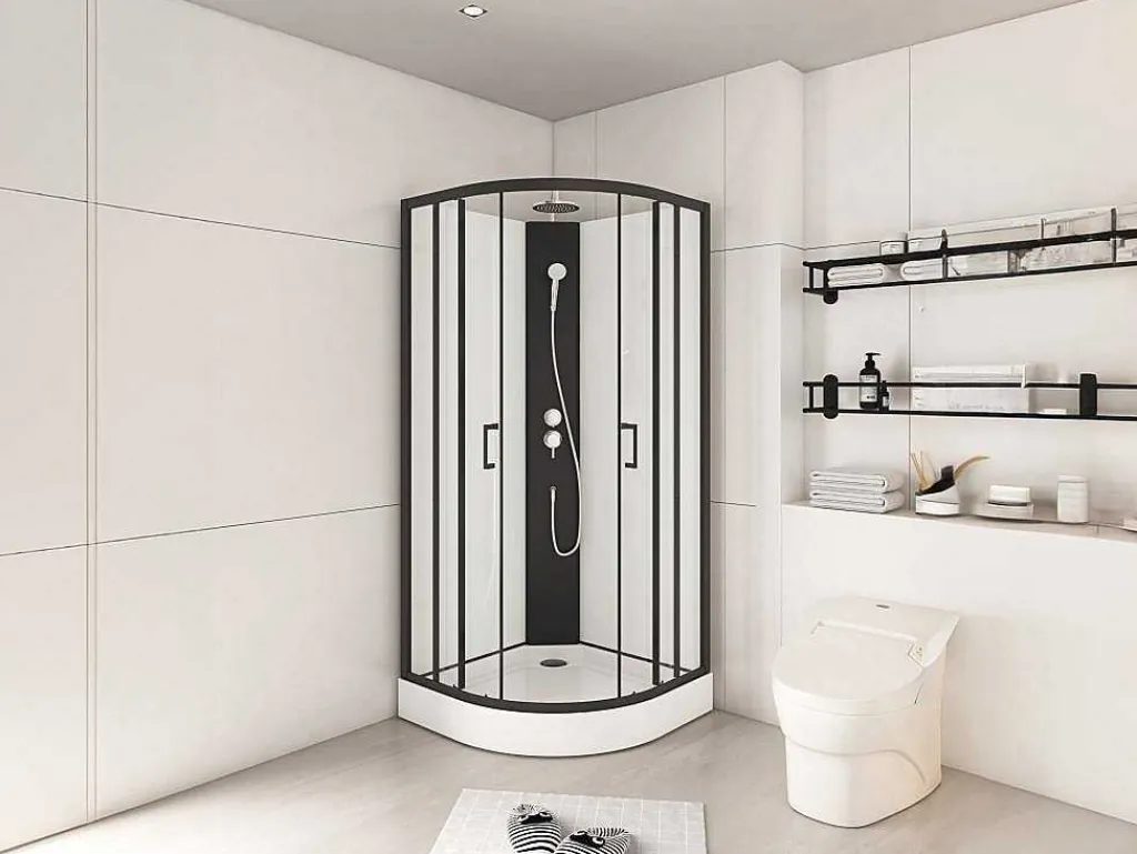 Douchecabine Kwart Cirkel - Aanpasbare Hoogte - L80 X B80 X H213/232 Cm - Zwart En Wit - Rovata-Shower & Design Online