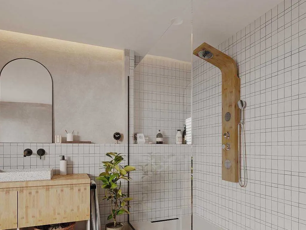 Douchekolom Met Massagestralen Tissia, Tropische Regen En Paneel Van Bamboe - 20 X 140 Cm-Shower & Design Outlet