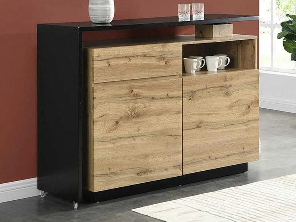 Draaibaar Barmeubel Eldir - 2 Deuren, 1 Lade En 1 Nis - Mdf - Eiken & Zwart-Vente-unique Best