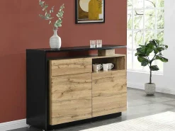 Draaibaar Barmeubel Eldir - 2 Deuren, 1 Lade En 1 Nis - Mdf - Eiken & Zwart-Vente-unique Best