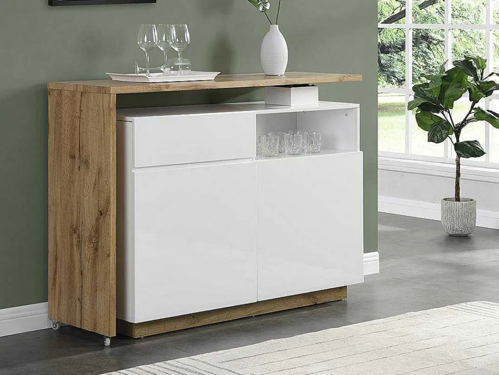 Draaibaar Barmeubel Eldir- 2 Deuren, 1 Lade En 1 Nis - Mdf - Witgelakt & Eiken-Vente-unique Outlet