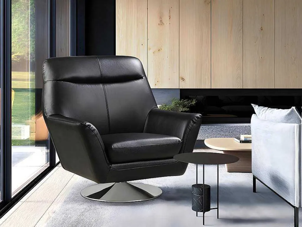 Draaifauteuil Ithaque In Buffelleer - Zwart-Vente-unique Clearance