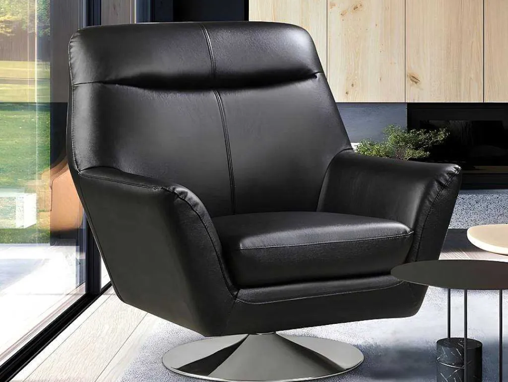 Draaifauteuil Ithaque In Buffelleer - Zwart-Vente-unique Clearance